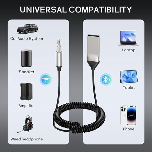 محول Meliya Aux إلى بلوتوث 5.3 للسيارة، USB 2.0 إلى 3.5 ملم طقم مقبس استقبال بلوتوث مع مدخل ميكروفون مدمج للمكالمات بدون استخدام اليدين، مكبر صوت السيارة، الصوت المنزلي، بث الموسيقى in Kuwait