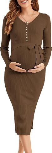 Ecavus Women's Long Sleeve Maternity Sweater Dress for Baby Shower V Neck Slit Maternity Photoshoot Dress with Belt in Saudi Arabia