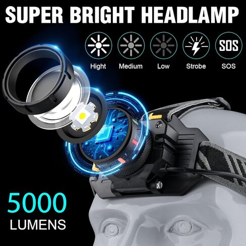 Headlamp Rechargeable 5000 High Lumen: Super Bright LED Head Lamp with Motion Sensor, 9 Modes, IPX7 Waterproof, 90°Adjustable, Zoomable Headlight for Adults Hunting Camping Hiking Running in Saudi Arabia