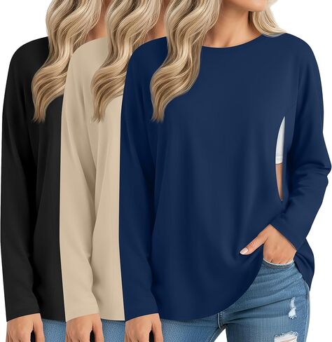 3 Pack Women's Nursing Breastfeeding Tops, Long Sleeve Maternity Shirts Oversize Hidden Zipper Pregnancy Clothes in Saudi Arabia