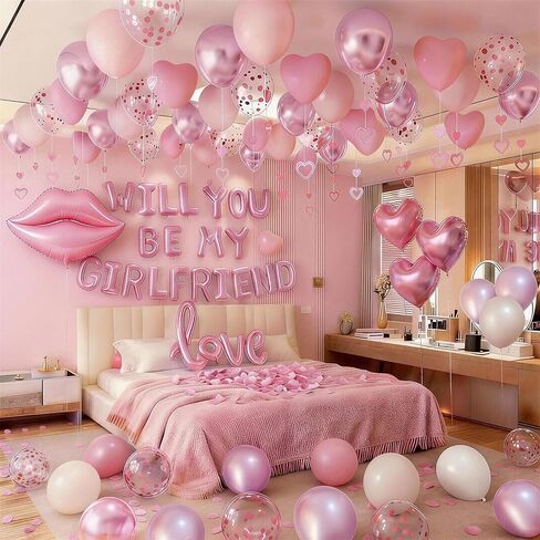 لافتة بالونات Will You Be My Girlfriend، اقتراح Be My Girlfriend، بتلة ورد حمراء، بالونات على شكل قلب أحمر، ديكورات عيد الحب in Saudi Arabia