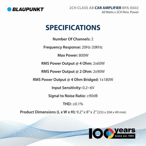 BLAUPUNKT BPA-E602 2-Channel Class AB Car Amplifier - 800W Max Power, 180W RMS Bridged - Compact Design for Crystal-Clear Audio in Saudi Arabia