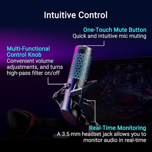 ASUS ROG Carnyx RGB Condenser Gaming Microphone Black (Gaming, Streaming and Podcast, 25 mm Capacitor Capsule, 192 kHz / 24 Bit Sampling Rate, High Pass Filter, Pop Filter, Metal Holder, Aura Sync) in Saudi Arabia