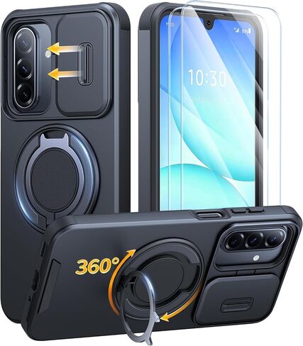 حافظة JAME لهاتف Samsung Galaxy A17/A16 5G، حامل حلقي، غطاء كاميرا منزلق، قطعتان من واقيات الشاشة، حماية مزدوجة الطبقات مقاومة للصدمات، حافظة مغناطيسية صديقة لهاتف Galaxy A16/A17 4G، أسود in Kuwait
