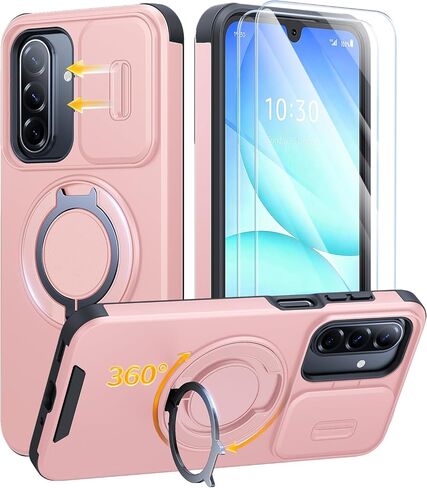 حافظة JAME لهاتف Samsung Galaxy A17/A16 5G، حامل حلقي، غطاء كاميرا منزلق، قطعتان من واقيات الشاشة، حماية مزدوجة الطبقات مقاومة للصدمات، حافظة مغناطيسية صديقة لهاتف Galaxy A16/A17 4G، أسود in Kuwait