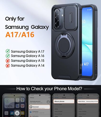 حافظة JAME لهاتف Samsung Galaxy A17/A16 5G، حامل حلقي، غطاء كاميرا منزلق، قطعتان من واقيات الشاشة، حماية مزدوجة الطبقات مقاومة للصدمات، حافظة مغناطيسية صديقة لهاتف Galaxy A16/A17 4G، أسود in Kuwait