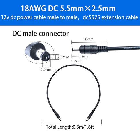 1.6FT 5.5mmx2.5mm DC كابل الطاقة 3 حزم، 18AWG ذكر إلى ذكر تمديد الحبل، 12V / 24V موصل الطاقة في حالات الطوارئ DC5525، لكاميرا CCTV، الألواح الشمسية المحمولة in Kuwait