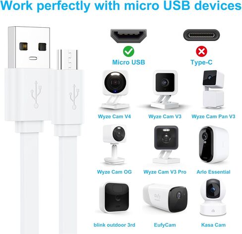 كابل تمديد USB-A إلى Micro USB بطول 10FT 2P، امتداد مسطح لكابل Micro USB لكاميرا الأمان، سلك الشحن ومزامنة البيانات متوافق مع كاميرا Wyze، Pan v3/v3 Pro/OG (2P) in Kuwait