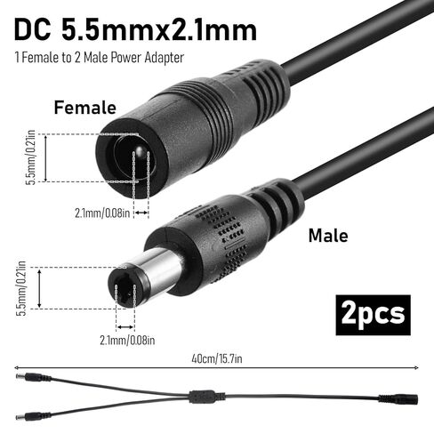 12V DC Power Splitter 2 Pack 1 Female to 2 Male Power Adapter Y Splitter Cable 5.5x2.1mm 12V 5A for CCTV Camera LED Strip Router in Saudi Arabia