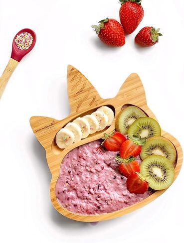 طبق أطفال من الخيزران مع شفط - طبق كوب شفط للأطفال والرضع، طبق طعام أطفال من الخيزران الطبيعي غير السام يبقى باردًا عند اللمس من أجل الفطام بقيادة الطفل (وحيد القرن) in Kuwait