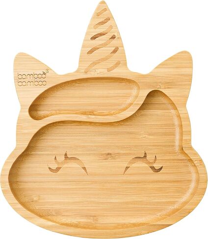 طبق أطفال من الخيزران مع شفط - طبق كوب شفط للأطفال والرضع، طبق طعام أطفال من الخيزران الطبيعي غير السام يبقى باردًا عند اللمس من أجل الفطام بقيادة الطفل (وحيد القرن) in Kuwait