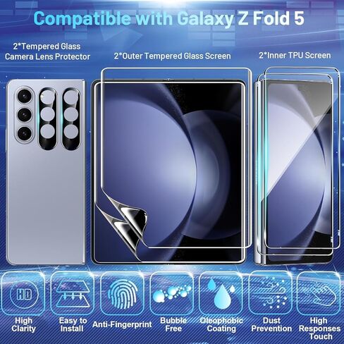 [مجموعة مكونة من 6 قطع] واقي شاشة متوافق مع هاتف Galaxy Z Fold 5 5G - 2 طبقة داخلية من مادة TPU + 2 زجاج مقسى خارجي + 2 واقي لعدسة الكاميرا، وضوح عالي، مضاد للكسر in Kuwait