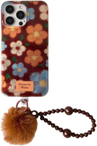 for iPhone 13 PRO MAX Case，Floral Pattern iPhone Case with Furry Pom Pom Charm, Flowers Design Cell Phone Lanyard，Slim Shockproof Phone Cover for Women (Lanyard+Phone case, iphone13promax) in Saudi Arabia