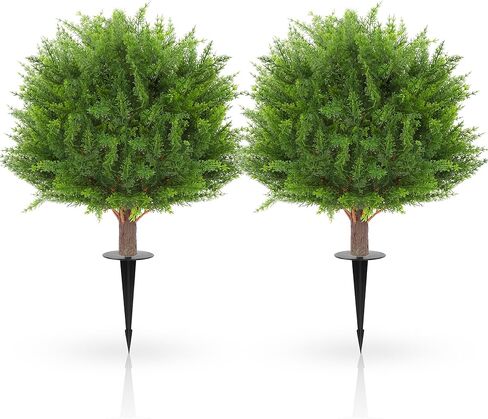 Set of 2 Artificial Lavender Boxwood Topiary Ball Trees with Ground Spike, 26 Inches UV Resistant Fake Evergreen Plant Bushes Shrubs, for Indoor Outdoor Front Porch Garden (Boxwood) in Saudi Arabia