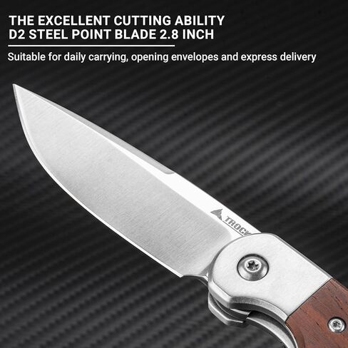 Small EDC Knife 2.8", Pocket Knife D2 Steel Point Blade Wood Handle - flipper Folding Knife for Men Women - Daily Carry Office Camping Hiking in Kuwait