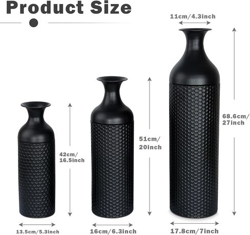 Large Black Vases, 27/20/16.5 Inch Tall Floor Vase, Set of 3 Modern Honeycomb Texture Metal Flower Vase for Living Room Home Corner Hallway Decor in Saudi Arabia