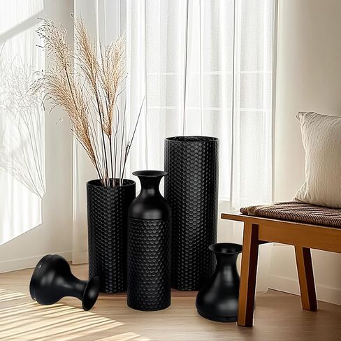 Large Black Vases, 27/20/16.5 Inch Tall Floor Vase, Set of 3 Modern Honeycomb Texture Metal Flower Vase for Living Room Home Corner Hallway Decor in Saudi Arabia