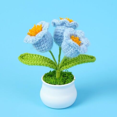 Crochet Potted Flowers Knitted - 3 Headed Convallaria Handmade Knitted Flower (White) in Saudi Arabia