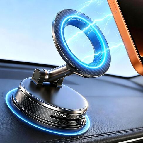 حامل هاتف مغناطيسي للسيارة، ترقية شفط الفراغ و3000gf MagSafe، حامل سيارة من ألياف الكربون من سبائك الزنك قابل للتعديل 360 درجة للوحة القيادة/الزجاج الأمامي/شاشة الهاتف مع iPhone 17 16 15 14 13 Pro Max in Kuwait