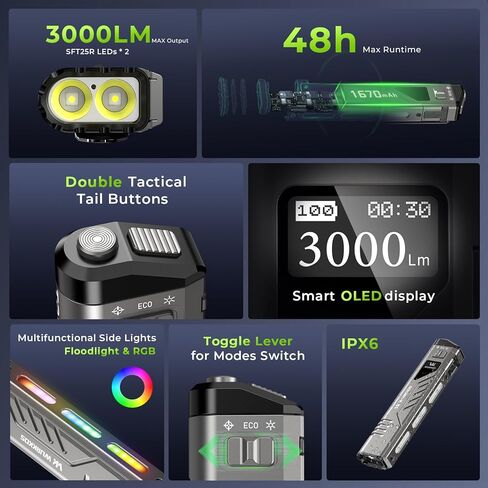 مصباح يدوي تكتيكي Wurkkos TD11، مصباح يدوي EDC مسطح 3000 لومن، مصابيح يدوية قابلة لإعادة الشحن USB-C مع شاشة OLED، أزرار تكتيكية مزدوجة، ضوء كشاف/ضوء كشاف/RGB، IPX6 للتخييم وحالات الطوارئ in Kuwait