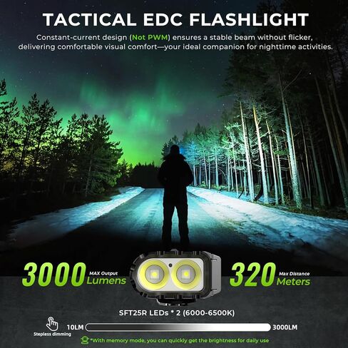 مصباح يدوي تكتيكي Wurkkos TD11، مصباح يدوي EDC مسطح 3000 لومن، مصابيح يدوية قابلة لإعادة الشحن USB-C مع شاشة OLED، أزرار تكتيكية مزدوجة، ضوء كشاف/ضوء كشاف/RGB، IPX6 للتخييم وحالات الطوارئ in Kuwait