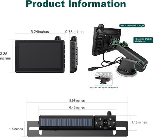 1080P Solar Wireless Backup Camera with 5in Monitor, 5000mAh Rechargeable Battery and Solar Panel, IP69K Waterproof, IR Night Vision, Support 2 Cameras, for Car, RV, Trailer, Camper (0092) in Saudi Arabia