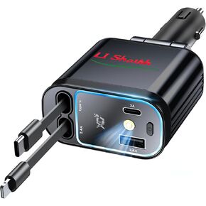 شاحن سيارة قابل للسحب - شحن سريع 84 وات 4 في 1، كابلات مزدوجة قابلة للسحب 31.49 بوصة ومنافذ USB-C/USB-A، مثالي لهواتف iPhone وSamsung، مع ضوء جو السماء المرصعة بالنجوم الأحمر الفريد (وردي) in Kuwait