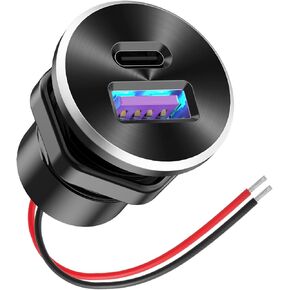 شاحن سيارة صغير من الألومنيوم بمنفذ USB 12 فولت مع منافذ PD30W وQC 18 وات، مقبس شاحن بديل ولاعة سجائر بقطر 22 مم مثبت مسبقًا بسلك مسبق لسيارة قارب RV شاحنة دراجة نارية، إلخ. in Kuwait