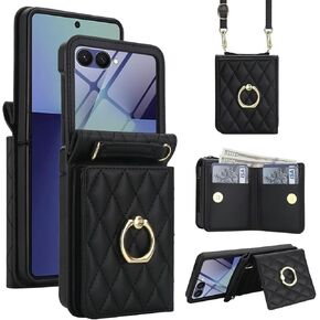 Wallet Phone Case for Samsung Galaxy Z Flip 7 Fashion PU Leather Purse Crossbody Cover with Ring Screen Protector Adjustable Lanyard Card Slot Magnetic Kickstand for Women Girls Black in Saudi Arabia