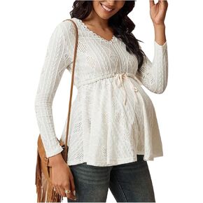 MakeMeChic Women's Maternity Clothes Spring Lace V Neck Long Sleeve Tie Front Babydoll Pregnancy Tops in Saudi Arabia
