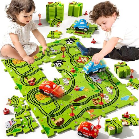 64 PCS Puzzle Race Track Car Set Toys for Kids Boys, Toddler Toys Gifts for 3 4 5 Year Old Boys, Puzzle Tracks Car Toys for Boys Ages 3-5 4-6, Ideal 3 4 5 6 Year Old Boys Birthday Gifts in Saudi Arabia