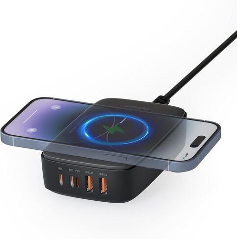 Wireless Charging Station for Multiple Device PD 65W USB C, TESSAN 6 in 1 Magnetic Wireless Charger Station, 5 Ft USB Charging Block Compatible with iPhone, Android Phone, Tablet, Laptop, Home Office in Saudi Arabia