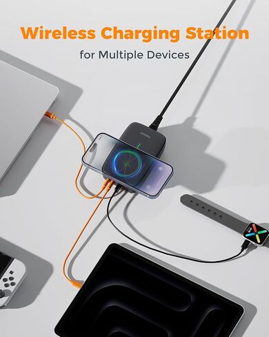 Wireless Charging Station for Multiple Device PD 65W USB C, TESSAN 6 in 1 Magnetic Wireless Charger Station, 5 Ft USB Charging Block Compatible with iPhone, Android Phone, Tablet, Laptop, Home Office in Saudi Arabia