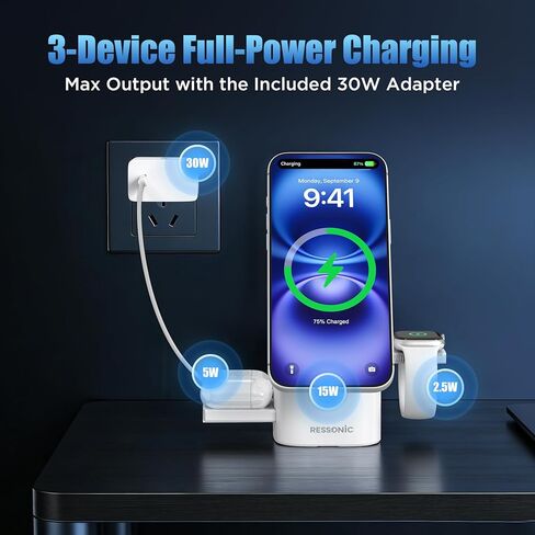 محطة شحن لاسلكية 3 في 1 لهاتف iPhone 17/16/15/14/13/12 Pro Max، حامل شاحن مغناطيسي معتمد من Qi 2 بقوة 15 وات لهاتف Magsafe وAirPods والساعة الذكية (لون صحراوي) in Kuwait