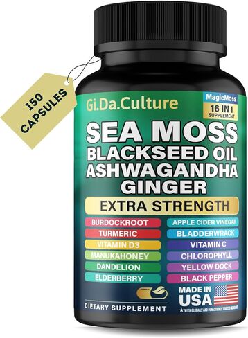 Organic Sea Moss Capsules (90 Count) – Monthly Supply with Black Seed Oil, Ashwagandha, Ginger, Burdock, Bladderwrack & Turmeric – 102 Essential Vitamins for Energy, Focus & Immunity in Kuwait
