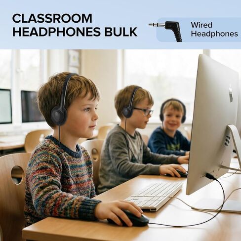 Bulk Headphones for Kids Classroom School 25 Pack K-12,Wholesale Wired On-Ear Headphones,Stereo Clear Sound,Student Earphones with 3.5mm Jack for Online Learning(HLY002 Black) in Saudi Arabia