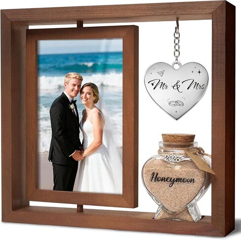 هدايا الزفاف للأزواج - إطار صورة مزدوج الجوانب يدور بزاوية 360 درجة مع برطمان تذكار رملي لشهر العسل، يحمل صورتين مقاس 4×6، مثالي لحفلات الزفاف وخطوبة السيد والسيدة ومجموعة هدايا المتزوجين حديثًا (دع المغامرة تبدأ باللون الأبيض) in Kuwait