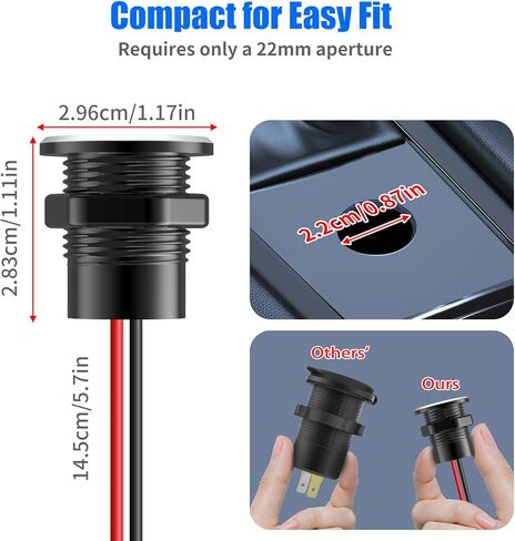 شاحن سيارة صغير من الألومنيوم بمنفذ USB 12 فولت مع منافذ PD30W وQC 18 وات، مقبس شاحن بديل ولاعة سجائر بقطر 22 مم مثبت مسبقًا بسلك مسبق لسيارة قارب RV شاحنة دراجة نارية، إلخ. in Kuwait