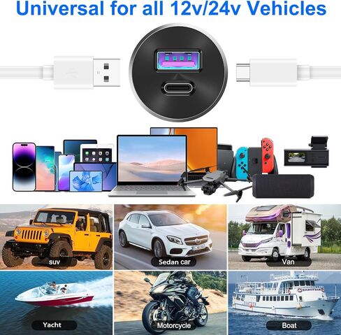 شاحن سيارة صغير من الألومنيوم بمنفذ USB 12 فولت مع منافذ PD30W وQC 18 وات، مقبس شاحن بديل ولاعة سجائر بقطر 22 مم مثبت مسبقًا بسلك مسبق لسيارة قارب RV شاحنة دراجة نارية، إلخ. in Kuwait