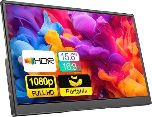 شاشة محمولة 15.6 بوصة 1080 بكسل FHD USB-C HDMI شاشة سفر رفيعة للغاية مع مسند ومكبرات صوت، موسع شاشة عرض ألعاب IPS لأجهزة الكمبيوتر المحمول وأجهزة الكمبيوتر المحمولة وأجهزة الكمبيوتر المحمولة وأجهزة PS Xbox Switch in Saudi Arabia