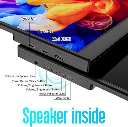 شاشة محمولة 15.6 بوصة 1080 بكسل FHD USB-C HDMI شاشة سفر رفيعة للغاية مع مسند ومكبرات صوت، موسع شاشة عرض ألعاب IPS لأجهزة الكمبيوتر المحمول وأجهزة الكمبيوتر المحمولة وأجهزة الكمبيوتر المحمولة وأجهزة PS Xbox Switch in Saudi Arabia