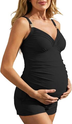 Summer Mae Maternity Two Piece Swimsuit Tankini with Pockets Gold Metal Bathing Suit Front Cross V Neck Pregnancy Swimwear in Saudi Arabia