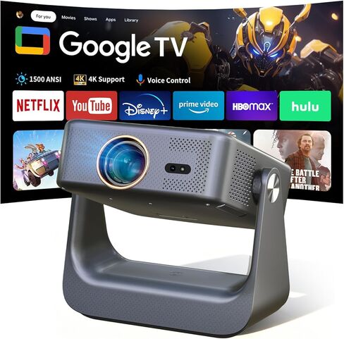 【يدعم تلفزيون Google الرسمي/1500 ANSI/4K】جهاز عرض تلفزيون ذكي مزود بواي فاي وبلوتوث، جهاز عرض محمول أصلي 1080 بكسل، تركيز تلقائي وحجر مفاتيح، إدخال صوتي، جهاز عرض صغير للسينما المنزلية، iOS/Android in Kuwait