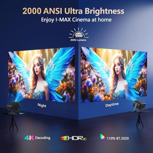 جهاز عرض 2000 ANSI Lumens 4K مع واي فاي وبلوتوث، صوت DoIby 36 وات، حامل تركيز تلقائي AI 360 درجة، جهاز عرض خارجي متوافق مع NetfIix Prime Video Youtube in Saudi Arabia