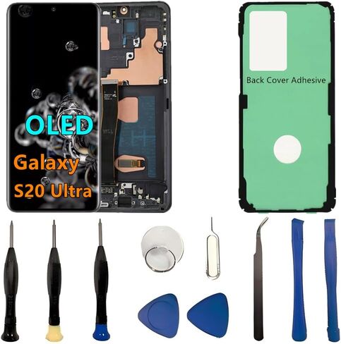 OLED Galaxy S20 Ultra LCD Screen Replacement for Samsung Galaxy S20 Ultra 5G Display Touch Screen Digitizer SM-G988U SM-G988U1 Support Fingerprint (with Black Frame+Back Cover Adhesive+Tools) in Saudi Arabia