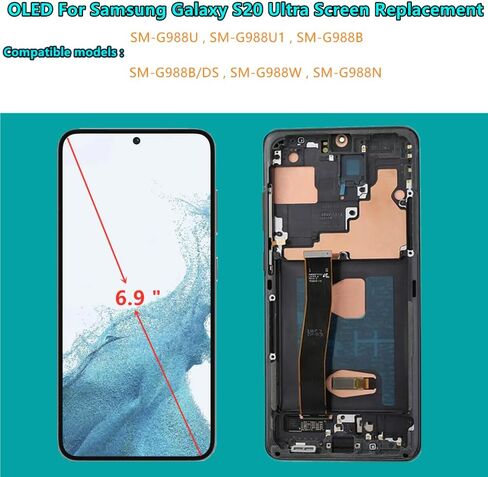 OLED Galaxy S20 Ultra LCD Screen Replacement for Samsung Galaxy S20 Ultra 5G Display Touch Screen Digitizer SM-G988U SM-G988U1 Support Fingerprint (with Black Frame+Back Cover Adhesive+Tools) in Saudi Arabia