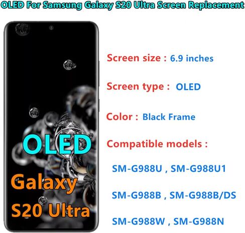 OLED Galaxy S20 Ultra LCD Screen Replacement for Samsung Galaxy S20 Ultra 5G Display Touch Screen Digitizer SM-G988U SM-G988U1 Support Fingerprint (with Black Frame+Back Cover Adhesive+Tools) in Saudi Arabia