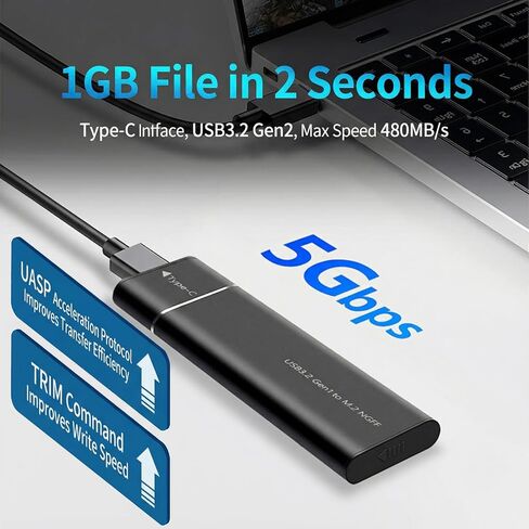 Enclosure Adapter, Type-C to A，【USB3.2 Gen2,5Gbps】 Key Solid State Drive External Enclosure Aluminum Alloy,Portable Data Storage with Carrying Strap for Laptop & PC, Sleek Design in Saudi Arabia