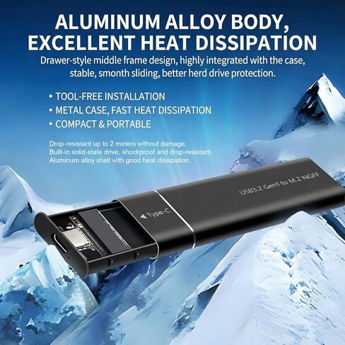 Enclosure Adapter, Type-C to A，【USB3.2 Gen2,5Gbps】 Key Solid State Drive External Enclosure Aluminum Alloy,Portable Data Storage with Carrying Strap for Laptop & PC, Sleek Design in Saudi Arabia