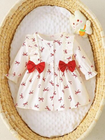 Baby Girl Dress Button-Front Soft Cotton Long Sleeve Ruffle for Holiday Baby Bow Print Outfit Clothes in Saudi Arabia